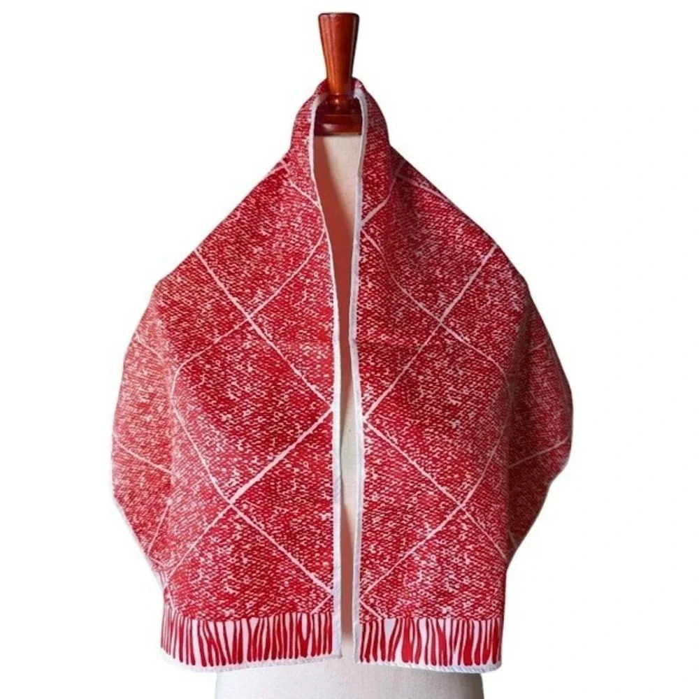 Vintage‎ Red White Geometric Diamond Print Poly Scarf Rectangular Head Wrap
